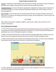 And the energy the car gains is the same as the work done. Energy Changes And Specific Heat Purpose To Devel Chegg Com