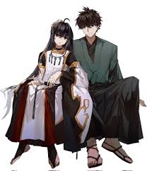 miyamoto iori (fate), yamato takeru (fate), yamato takeru (third ascension)  (fate), fategrand order, fatesamurai remnant, fate (series), highres,  1boy, 1other, ahoge, androgynous, black hair, black hakama, blue eyes, blue  kimono, detached sleeves,