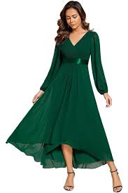 Amazon.com: Ever-Pretty Women's Chiffon Spring V Neck Long Sleeves Pleated  A-Line Midi Length Wedding Guest Dress Black : Clothing, Shoes & Jewelry