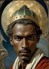 Regal figure with golden crown and celestial background