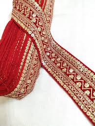 Flower floral pattern pink green print velvet upholstery. Red Velvet Sequence Work Floral Design Laces 10 Yards Etsy Floral Design Red Velvet Velvet