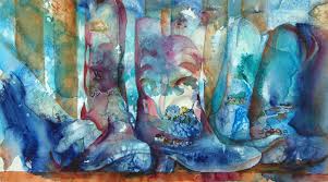 Kridler paints cowboy boots in her gypsy bluebird studio. Cowboy Boots With A Tiny Village Scene Hidden Within A Watercolor Painting By Mary Redman Emerson