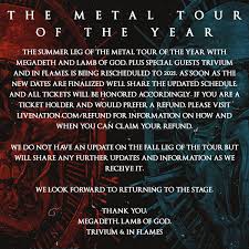 I thank and praise you, god of my ancestors: First Leg Of Megadeth Lamb Of God Trivium In Flames Tour Postponed To 2021 Theprp Com