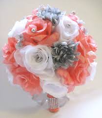 Featuring same day delivery across canada. Wedding Bouquet 17 Pc Package Bridal Silk Flowers Coral Silver Gray Flowers Set Ebay