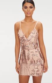 Rose Gold Sheer Strappy Panel Sequin Bodycon Dress Sequin Bodycon Dress Bodycon Dress Pink Dress Short