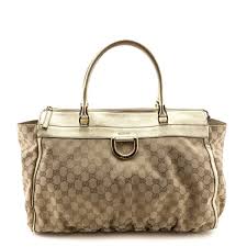 Gucci Beige Gg Monogram Metallic Gold Leather Large Abbey D Ring Tote