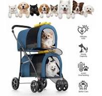 MoNiBloom 4 in 1 Double Pet Stroller, Foldable Cat Stroller for 2 Cats/Dogs  with Detachable Carrier Bags & Rear Brakes, Navy Blue/Yellow