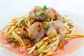 Bean thread noodles, shrimps, squids, ground chicken mixed with chili paste, red onions, scallions, parsley, and lime. Thai Green Mango Salad With Fresh Shrimp Som Tum Mamuang Stock Photo Picture And Royalty Free Image Image 59032826