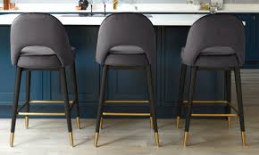 This bar stool has a sturdy and sturdy metal base with resting legs and a thick velvet cushion and durable high back for a more comfortable waist when sitting. Clover Dark Grey Velvet Bar Stool Mid Century Bar Stools Danetti