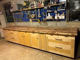 Jossandmain.com has been visited by 100k+ users in the past month Salvaged Some Kitchen Cabinets From Before A Renovation And Put A Cedar Top On It About 14ft Long It Didn T Stay This Clean For Long Workbenches