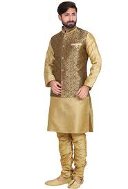 Delightful Beige Readymade Kurta With Golden Jacket Indian Men Fashion Mens Fashion Suits Wedding Dresses Men Indian