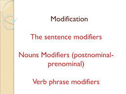 Verb forms modify something to change something slightly, especially in order to make it more suitable for a particular purpose synonym adapt patients are taught how to modify their diet. Modification The Sentence Modifiers Nouns Modifiers Postnominal Prenominal