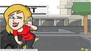 Clipart Cartoon A Woman Trying To Stop Herself From Laughing And A View Of The Supermarket From The Parking Lot Vendor Vector Women Laugh Orange Sneakers