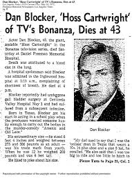 Dan Blocker Hoss Cartwright Of Tv S Bonanza Dies At 43 Bonanza Tv Show Historical Newspaper Newspaper Headlines