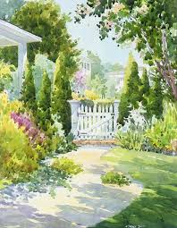 Lovely Garden With A White Gate Watercolor Painting By David Csont Watercolor Painting Pl Watercolor Landscape Paintings Garden Watercolor Garden Painting