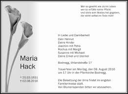 Traueranzeigen von Maria Hack
