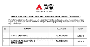 Maklumat kekosongan ini adalah seperti yang diiklankan. Jawatan Kosong Terkini Bank Pertanian Malaysia Berhad Agrobank Eksekutif Pelbagai Jawatan Kerja Kosong Kerajaan Swasta