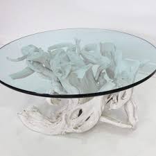 Intelligent design coastal teak driftwood coffee table | ocean beach glass top. Large Sculptural Driftwood With White Gesso Coffee Table Round Glass Top At 1stdibs