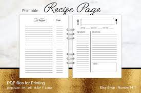 Recipe Template Pdf Printable Recipe Page Personalized Etsy Printable Recipe Page Recipe Book Templates Recipe Cards Template