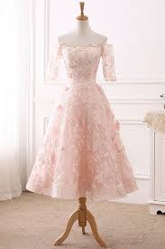 Pink Lace Sweet Off Shoulder Tea Length Party Dress With Sleeves From Sweetheart Dress Tea Length Prom Dress Party Dresses With Sleeves Tea Length Dresses