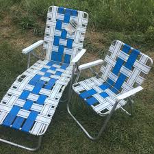 Vtg Aluminum Webbed Chaise Lounge And Folding Lawn Chair Pair Blue White Webbing Lawn Chairs Folding Lounge Chair Chaise Lounge