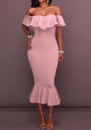 Pink Ruffle Off Draped Shoulder Boat Neck Mermaid Short Sleeve Midi Dress Midi Short Sleeve Dress Short Mermaid Dress Cute Maternity Dresses