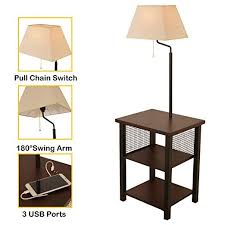 Wayking Floor Lamp Attached With Two Tier End Table And Swing Arm Combination Brown Tray Table Lamp With Three 5v 3a Usb Chargin Fabric Shades Lamp Tray Table