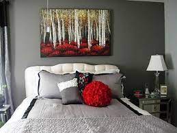Sophisticated 1930s Era Bedroom Cool Gray With A Splash Of Red Painting Of Forrest With White Black Red Yello Bedroom Red Black And Grey Bedroom Red Rooms