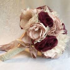 12 inches in diameter (pictured) colors: Fabric Flower Bridal Bouquet Dusty Rose Light Pink Champagne And Burgundy With Pearls Lac Fabric Flower Bouquet Flower Bouquet Wedding Wine Wedding Bouquet