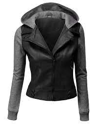 Womens Contrast Sleeve Hooded Moto Love It In Red Hoodie Fashion Leather Jackets Women Jackets