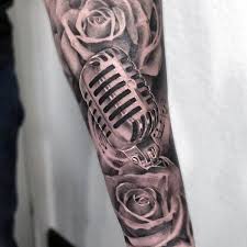 Black And White Half Sleeve Tattoos For Men 60 Music Sleeve Tattoos For Men Lyrical Ink Design Ideas Music Tattoo Sleeves Microphone Tattoo Music Tattoo Designs