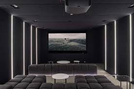 This Contemporary Home Has A Dark Home Theatre Room With Comfortable Couches And Black Walls Home Cinema Room Home Theater Room Design Home Theater Rooms