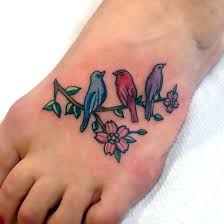 3 Birds On A Branch Tattoo Three Small And Colorful Birds Are Sitting On A Branch Cute Tattoo For Women S Feet Color Colorf Bird Tattoo Foot Little Bird Tattoos Bird Tattoos For Women
