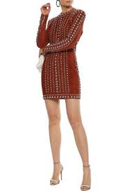 Balmain Studded Suede Mini Dress In Brick Modesens
