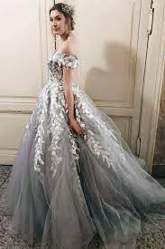 Dark Gray Long Tulle Prom Dress With Appliques A Line Off The Shoulder Formal Dress N1121 Prom Dresses Ball Gown Grey Prom Dress Popular Prom Dresses