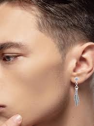 CZ Diamond Stud Post Dangle Earrings, Sterling Silver Feather Earrings,  Womens