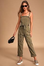 Go West Olive Green Utility Denim Jumpsuit In 2020 Denim Jumpsuit Jumpsuit Sleeveless Jumpsuits