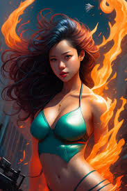 fickle-skunk436: Jenna Ortega in a Bikini walking on fire, beautiful,  powerful, hands glowing wet, shining