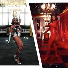 Rosaria's outfit is adorned with multiple silver and white gold accessories embedded with red gems; Kylie Normani Rosalia A Guide To The Wap Video Cameos