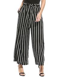 Black And Yellow Striped Palazzo Pants Zeagoo Women S Super Comfy Stripe Flowy Wide Leg High Waist Belted Palazzo Pants Capris Black Small Black Pants Casual Fashion Clothes Women Casual Stripes