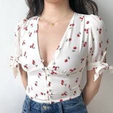 Vintage Little Cherry Print Front Buckle V Neck Bow Tie Puff Sleeve Shirt Fe Clothing Online Store Powered By Storenvy Clothes Cherry Shirt Shirt Sleeves