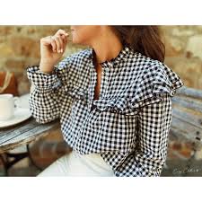 Combinaison de carreaux vichy et tissu uni. Blouse Alais Vichy Noir Et Blanc