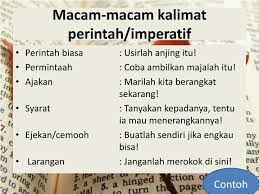 Definisi dari kalimat imperatif ini menurut kamus besar bahasa indonesia (kbbi) ialah suatu kalimat yang memiliki sifat memberi perintah (komando/merintah) yang mempunyai hak memberi perintah (komando) dan sifatnya itu. Contoh Kalimat Imperatif Dalam Teks Prosedur Kompleks Kumpulan Contoh