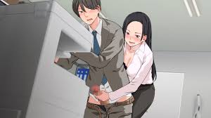 touji (tj studio), nymphomatic city, original, highres, 1boy, 1girl, black  hair, blush, breasts, breath, censored, cleavage, clothes pull, formal  clothes, handjob, hetero, indoors, large breasts, legs, long hair, mosaic  censoring, necktie, office lady, open mouth, pants,