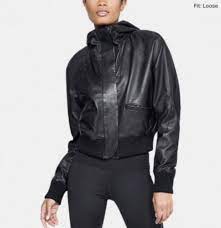 Women S Under Armour Ua Genuine Leather Bomber Black Jacket Size M Nwt 640 Leather Jacket With Hood Bomber Jacket Women Leather Bomber
