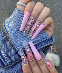 Sequins, broken glass, glitter, rhinestones. The Most Glamorous Valentine S Day Nail Ideas Valentine S Day Nails In 2021 Long Acrylic Nails Coffin Bling Acrylic Nails Trendy Nails