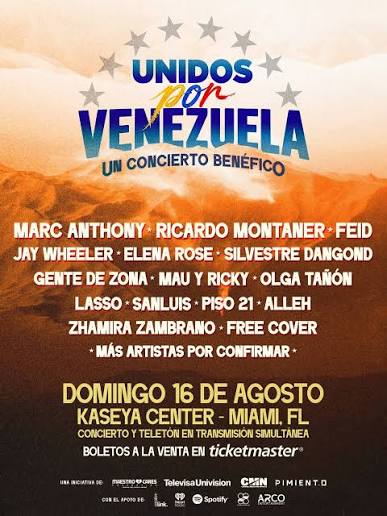La música latina se une por una gran causa. El próximo 16 de agosto, el  Kaseya Center de Miami será escenario de “Unidos Por Venezuela”, un  concierto benéfico que reunirá a grandes