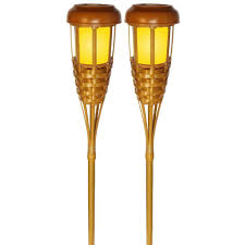 Adamax Inc 3 Light Bamboo Light Brown Solar Led Adjustable Flickering Island Torch 2 Pack Tikiled2 A The Home Depot