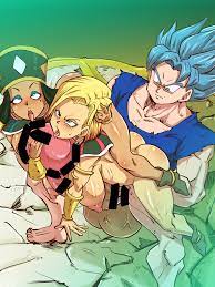 rickert kai, android 18, helles, son goku, dragon ball, dragon ball super,  dragonball z, 2girls, ahegao, ass, bar censor, blonde hair, blue hair,  blush, bob cut, bottomless, breasts, censored, closed mouth, dark