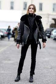 New Black Faux Leather Shearling Warm Women Aviator Coat Winter Pilot Jacket Fashion Week 2015 Street Style Milan Fashion Week Street Style All Black Outfit
